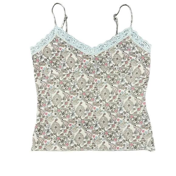 VTG Y2K Old Navy Perfect Fit Beige & Pink Boho Paisley Pattern Cotton Lace Cami - Picture 1 of 8